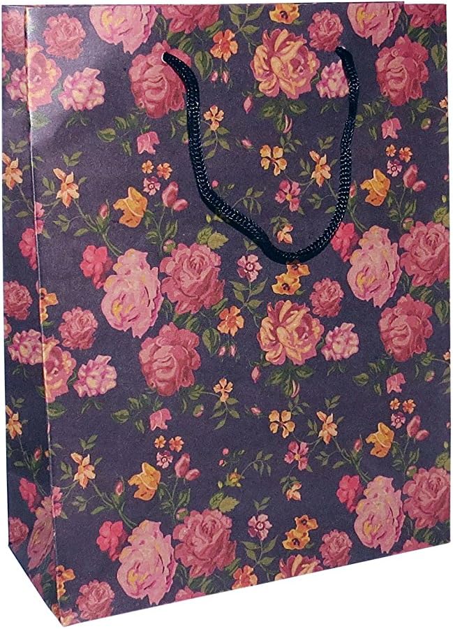 Manchester Royalty x12 BLACK FLORAL GIFT BAGS 24X19X8CM WRAPPING PRESENTS GIFTS PAPER