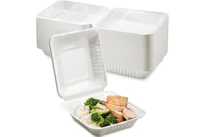 Packpact 8 X 8" Packs of 50pcs White 100% Compostable Hinged Container, Stackable, Microwavable, Single Compartment Clamshell