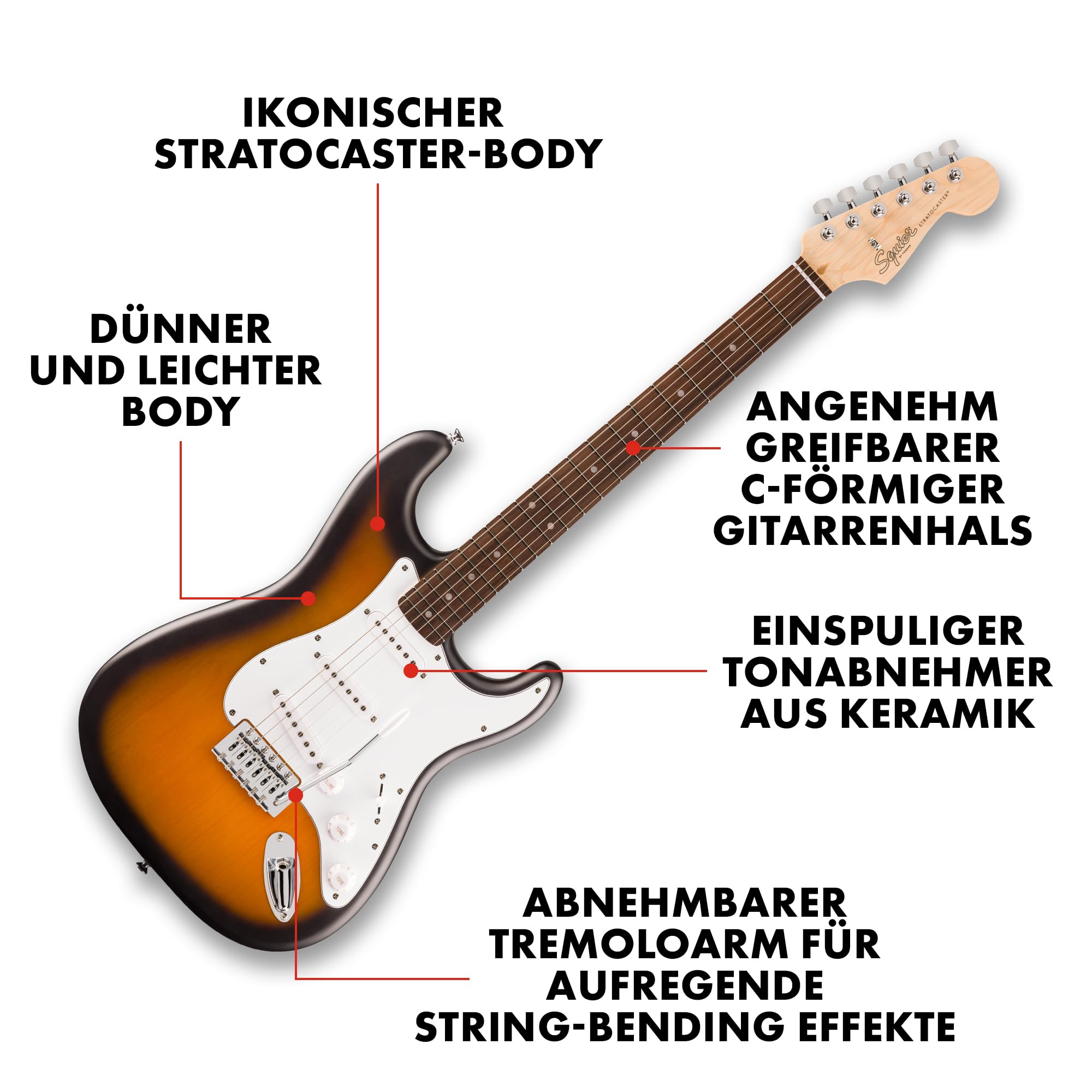 Squier by Fender Debut Collection Stratocaster E-Gitarre, Laurel-Griffbrett, Weißes Schlagbrett, 2-Farb-Sunburst 2