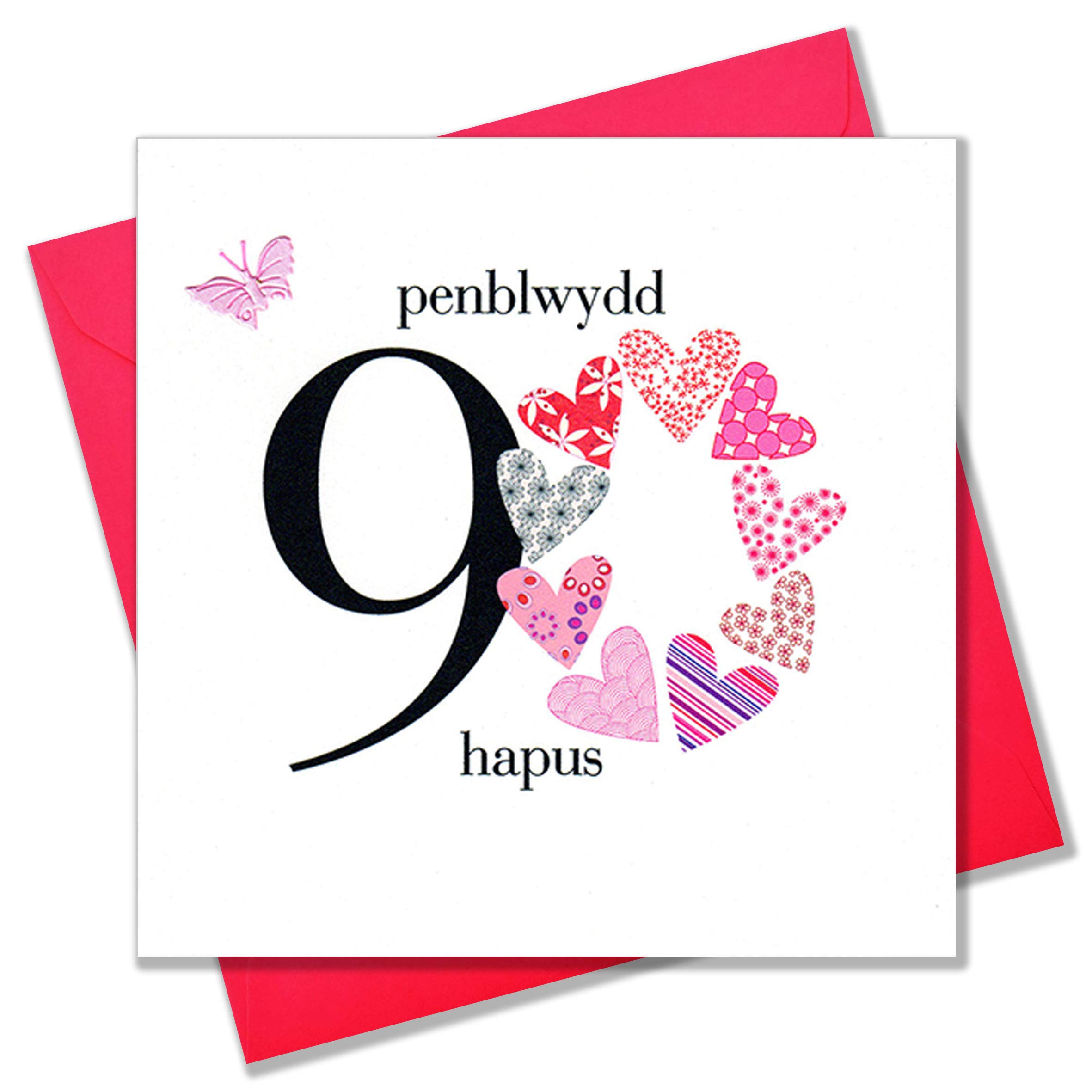Claire Giles Greeting Cards, Welsh Happy 90th Birthday Card, Penblwydd Hapus, Hearts Design Age 90 Card, Embellished with a Fabric Butterfly
