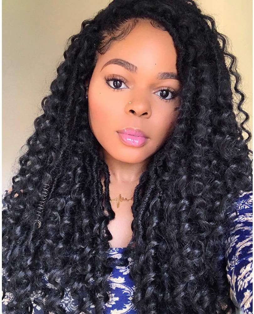 Straight Faux Locs Crochet Hair 16 Inch Goddess Locs Crochet Braiding Hair Extension with Curly Ends Natural Soft Synthetic Hair for Women (#1B)