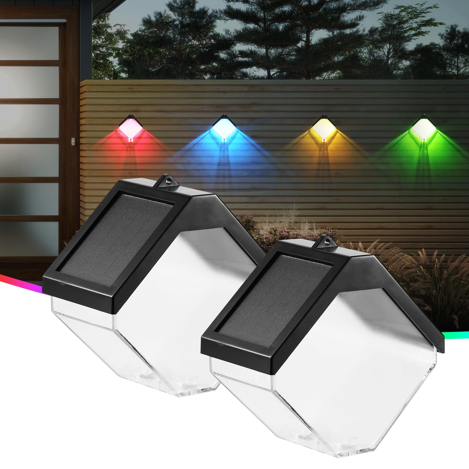 Jasfyee Solar Fence Lights, 2pcs Hanging Solar Powered Solarpower Garden Lights, Outdoor Waterproof Diy Fence Light with 7 Types of Light for Garden, Yard, Patio, Hedge Decoration