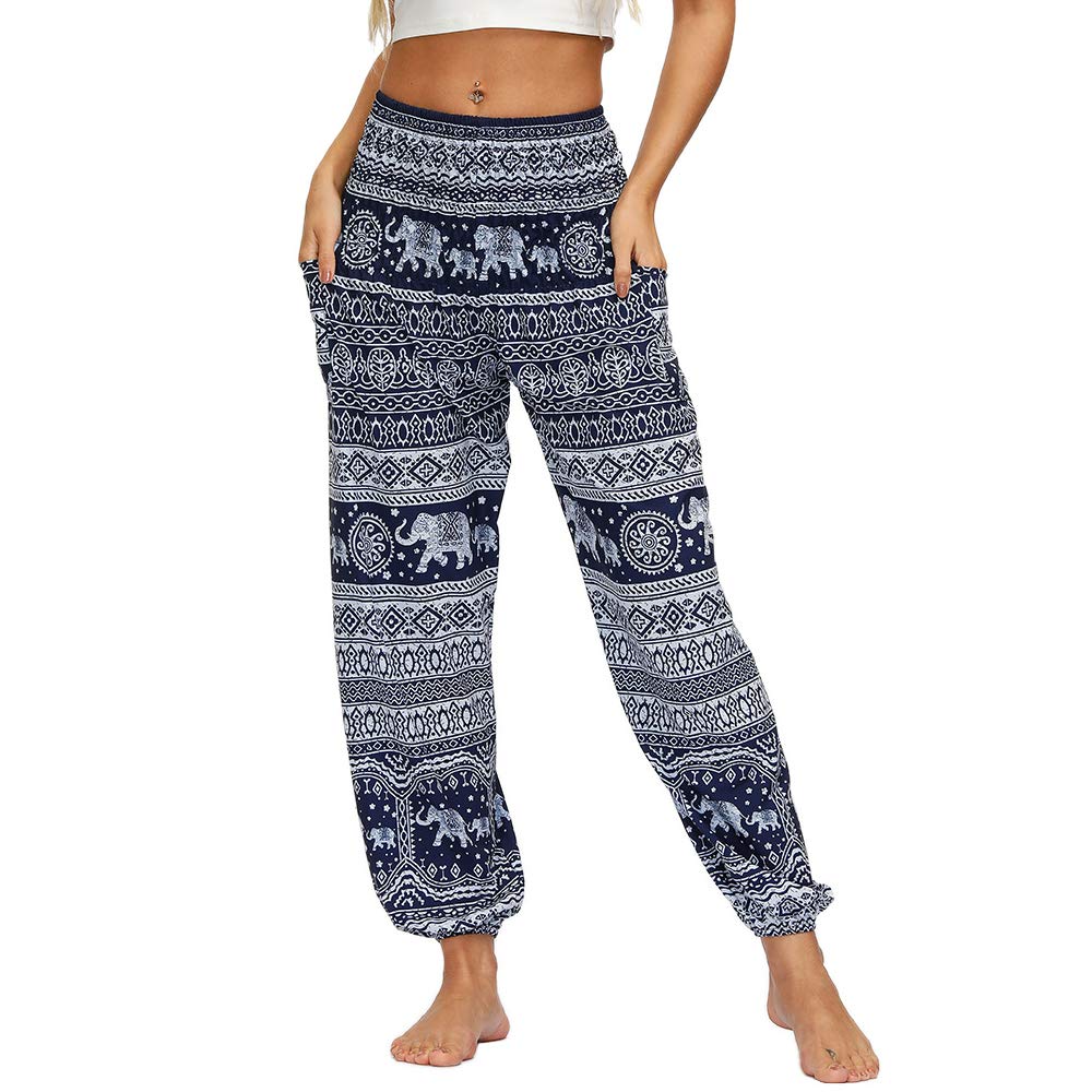 Nuofengkudu Women's Hippie Harem Yoga Pants with Pockets Smocked High Waisted Baggy Soft Bohemian Print Colourful Summer Trousers Lightweight Flowy Travel Holiday Beachwear(X-Blue Elephant,One Size)