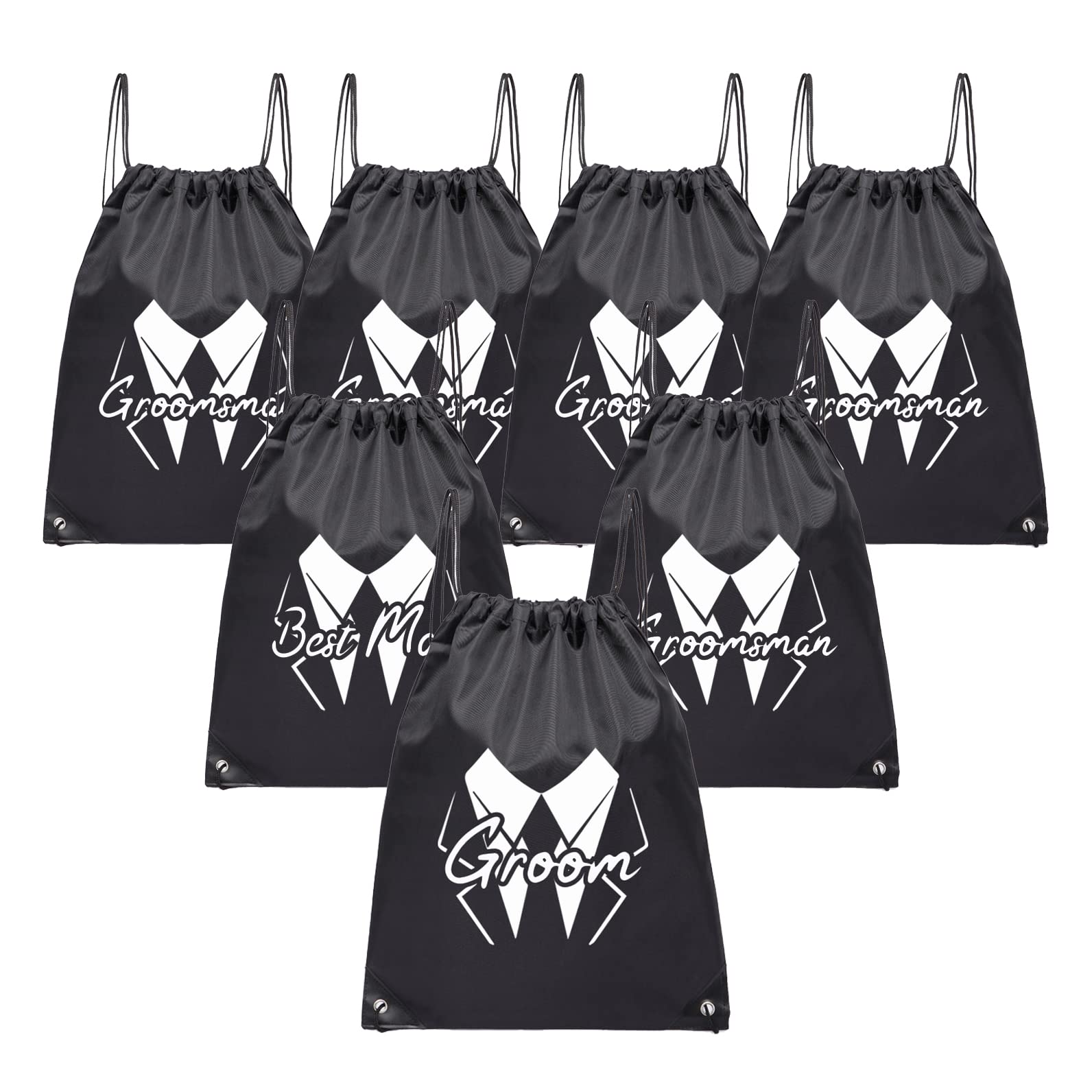 LADY & HOME 7 Pack Groom and Groomsman Drawstring Proposal Suit bags Groomsmen Gift Bags Set for Stag Do(Squiggles)
