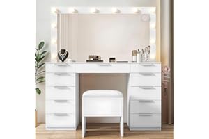 YITAHOME Vanity Table with LED Mirror, 11 Drawer Makeup Desk with Charging Ports, 3 Light Settings & Comfortable Stool