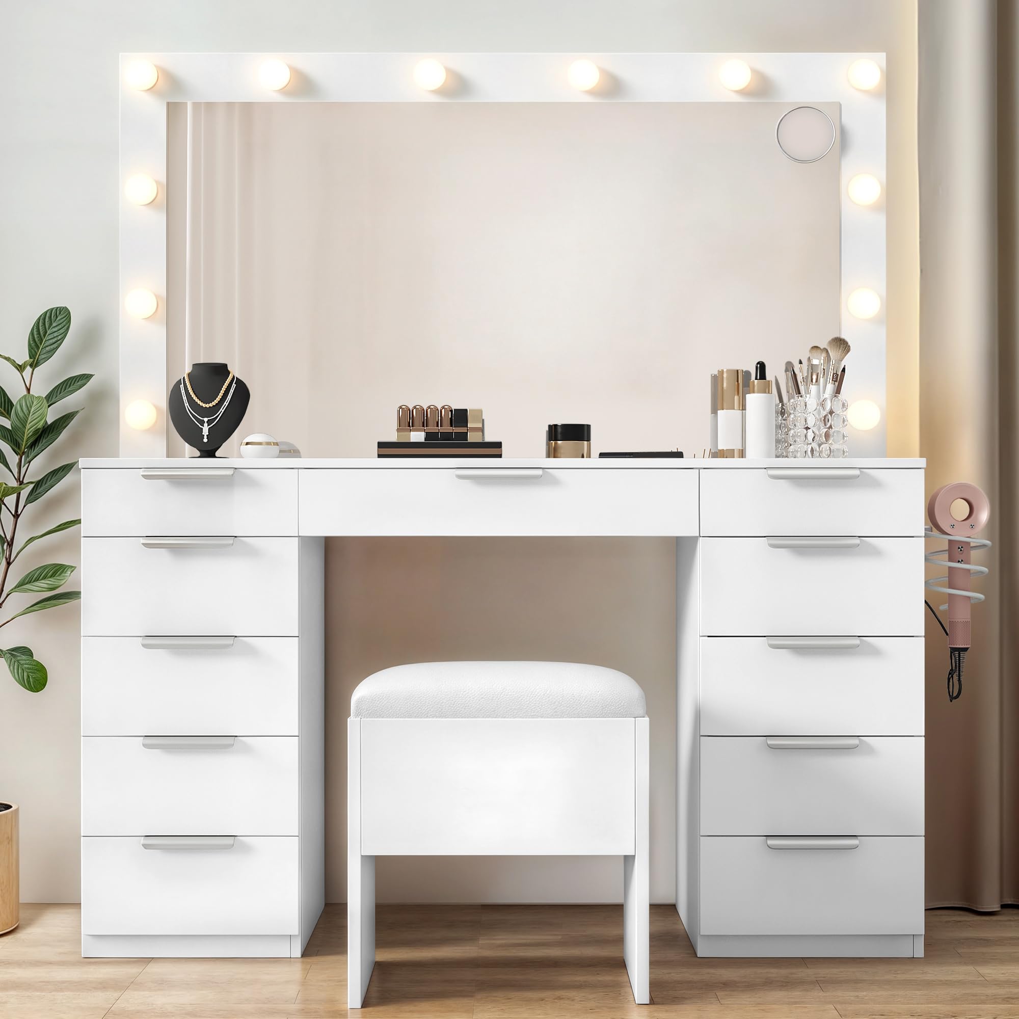 Photo 1 of ***selling for parts only***YITAHOME Vanity Table with LED Mirror, 11 Drawer Makeup Desk with Charging Ports, 3 Light Settings & Comfortable Stool
