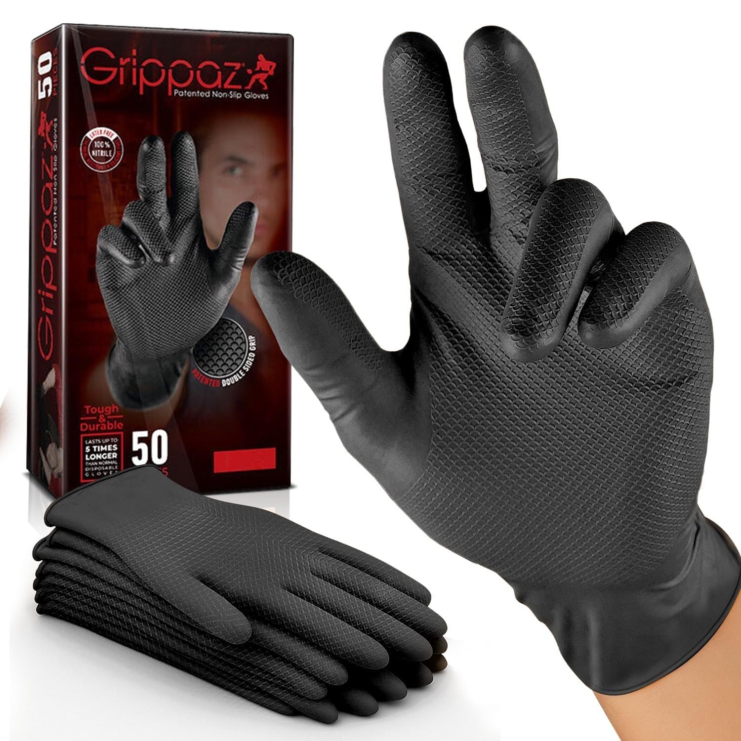 RAP Gloves (Pack of 50 Grippaz Nitrile Gloves Working Gloves Extremely Robust Non - Slip Ideal for Workshops Mechanics Industry Rubber Disposable Gloves (Black, L)