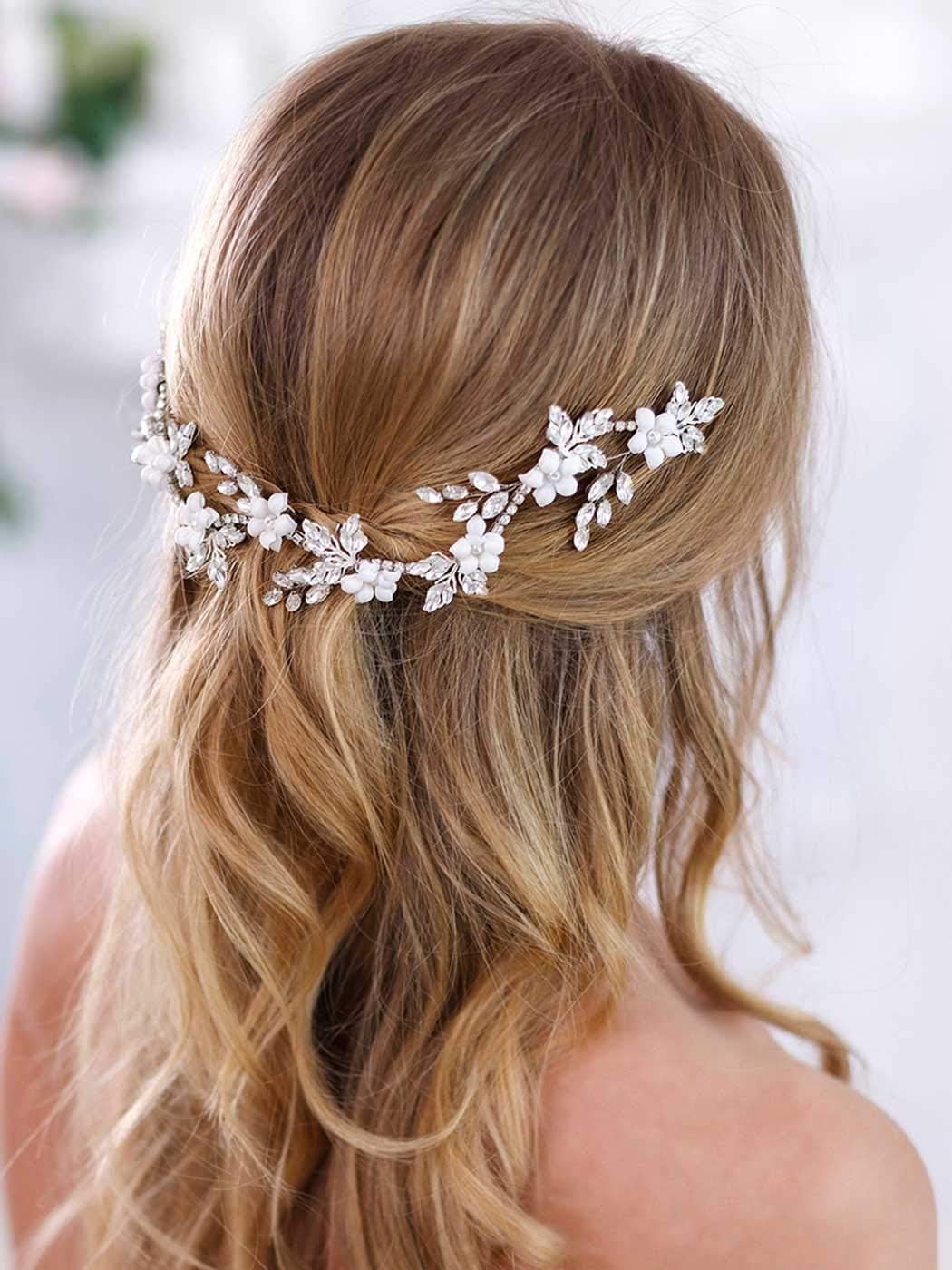 Zoestar Bride Wedding Crystal Headband Flower Bridal Hair Vine Piece Silver Wedding Hair Accessories for Women (Silver)