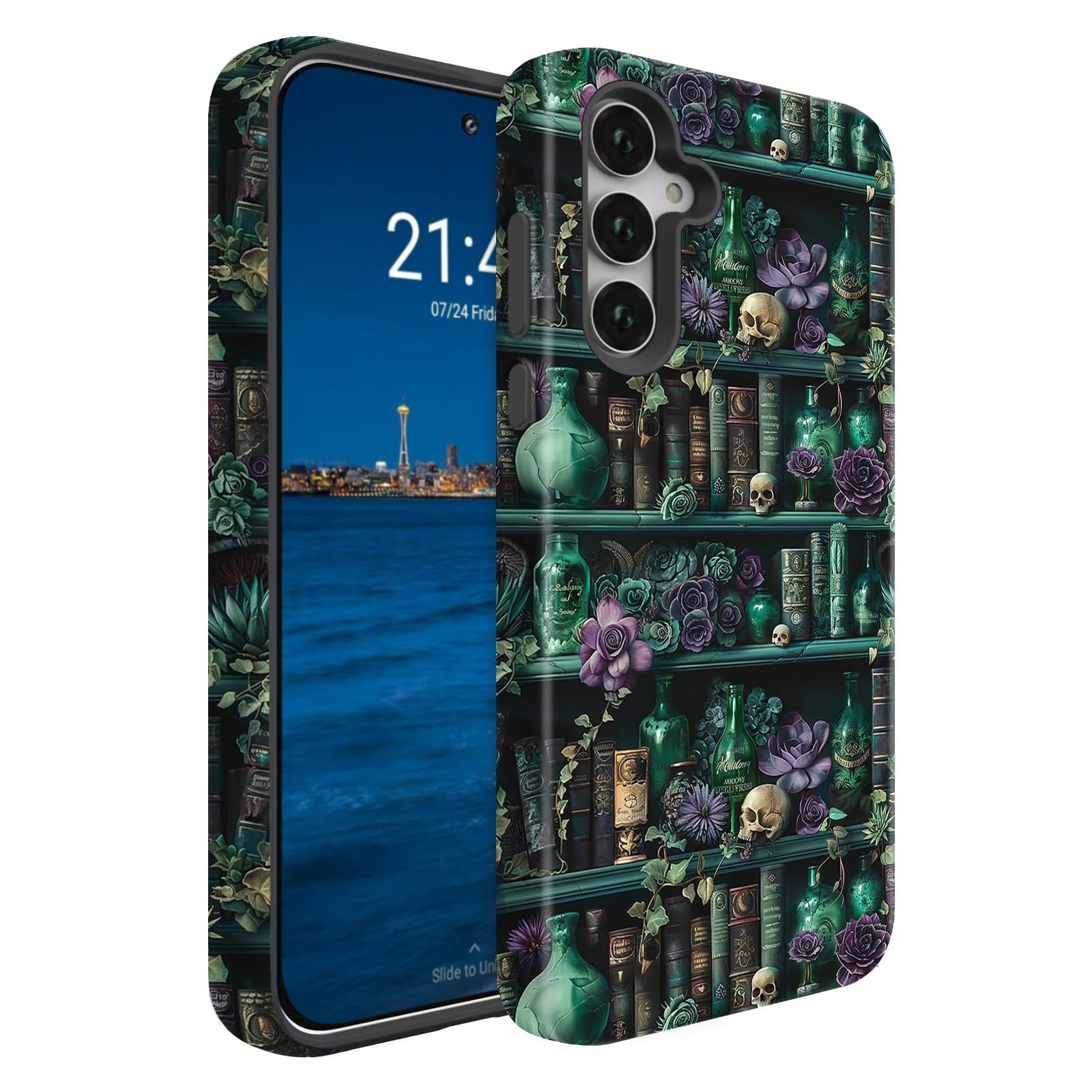 BSMOSPER Compatible for Samsung Galaxy S25 FE 5G Case, Dual Layer Heavy Duty 2 in 1 Shockproof Protective Phone Case,Skull Flowers and Books