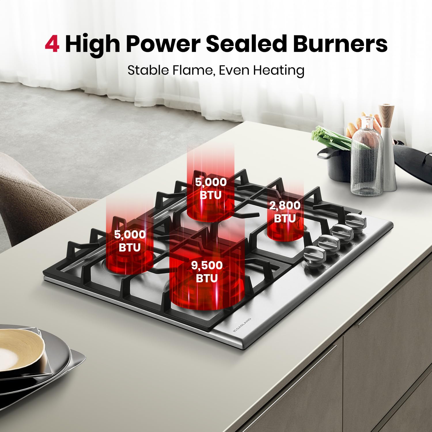 GASLAND 24 Inch Gas Cooktop 4 Burners GH60SFA Built-in Propane Stainless Steel Stove Top with Thermocouple Protection, LPG/NG Convertible Dual Fuel Natural Gas Hob, Stainless Steel