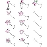 BSJ4U Nose Rings Corkscrew for Women Nose Piercings 20G Surgical Stainless Steel Gold Plated Nose Studs Pink Red CZ Heart Butterfly Flower Cherry Bow Moon Dangle Nose Piercing Jewelry