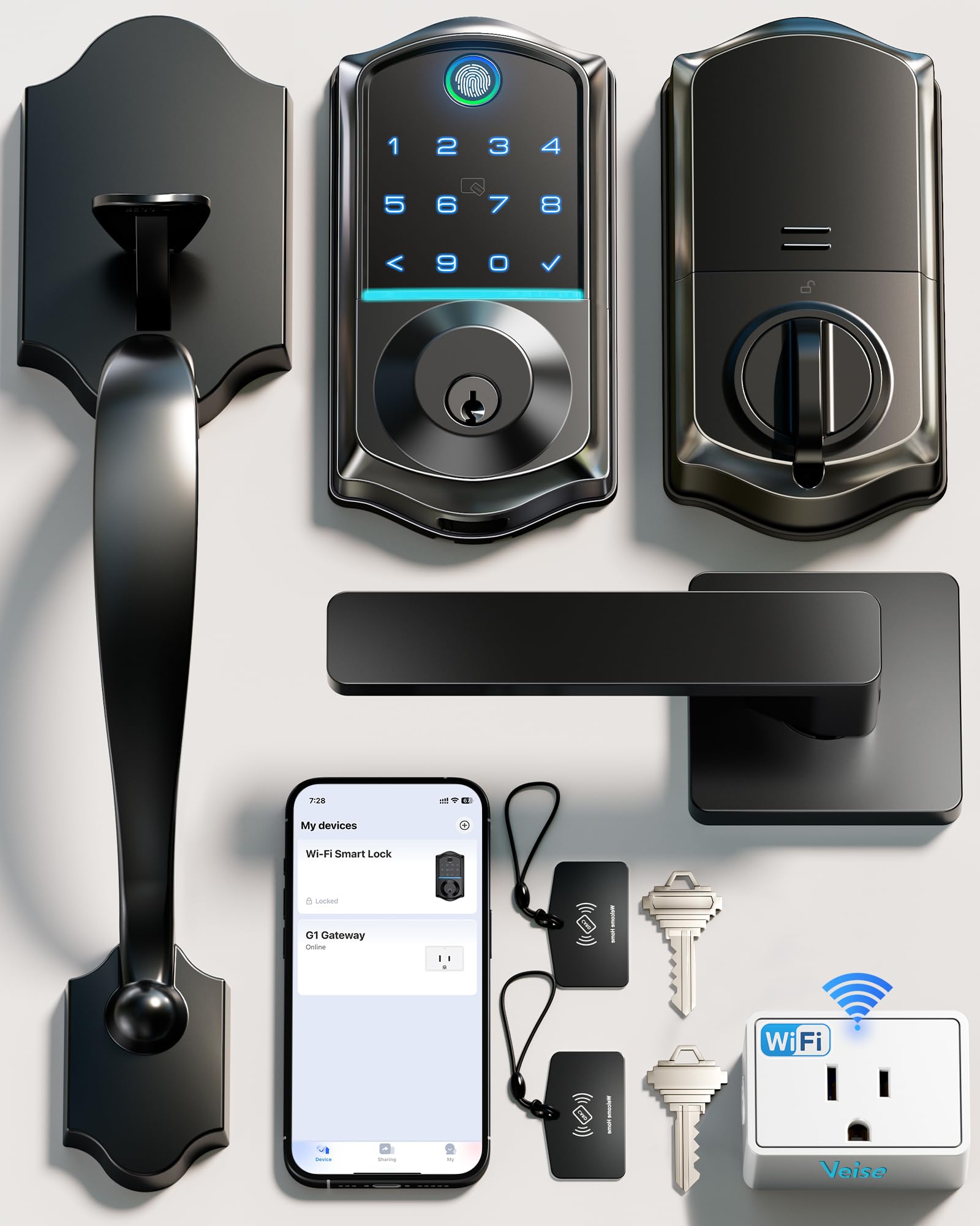 Photo 1 of Veise VE017G-H Wi-Fi Smart Fingerprint Front Door Lock Set, Remote App Control, Keyless Entry Deadbolt with Handle, Backlit Keypad, IP55 Weatherproof, Auto Lock, Easy to Install, Matte Black