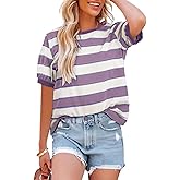 Dokotoo Womens Summer Tops 2026 Striped Color Block Short Sleeve Fashion T-Shirts Crewneck Casual Loose Basic Tee Blouses