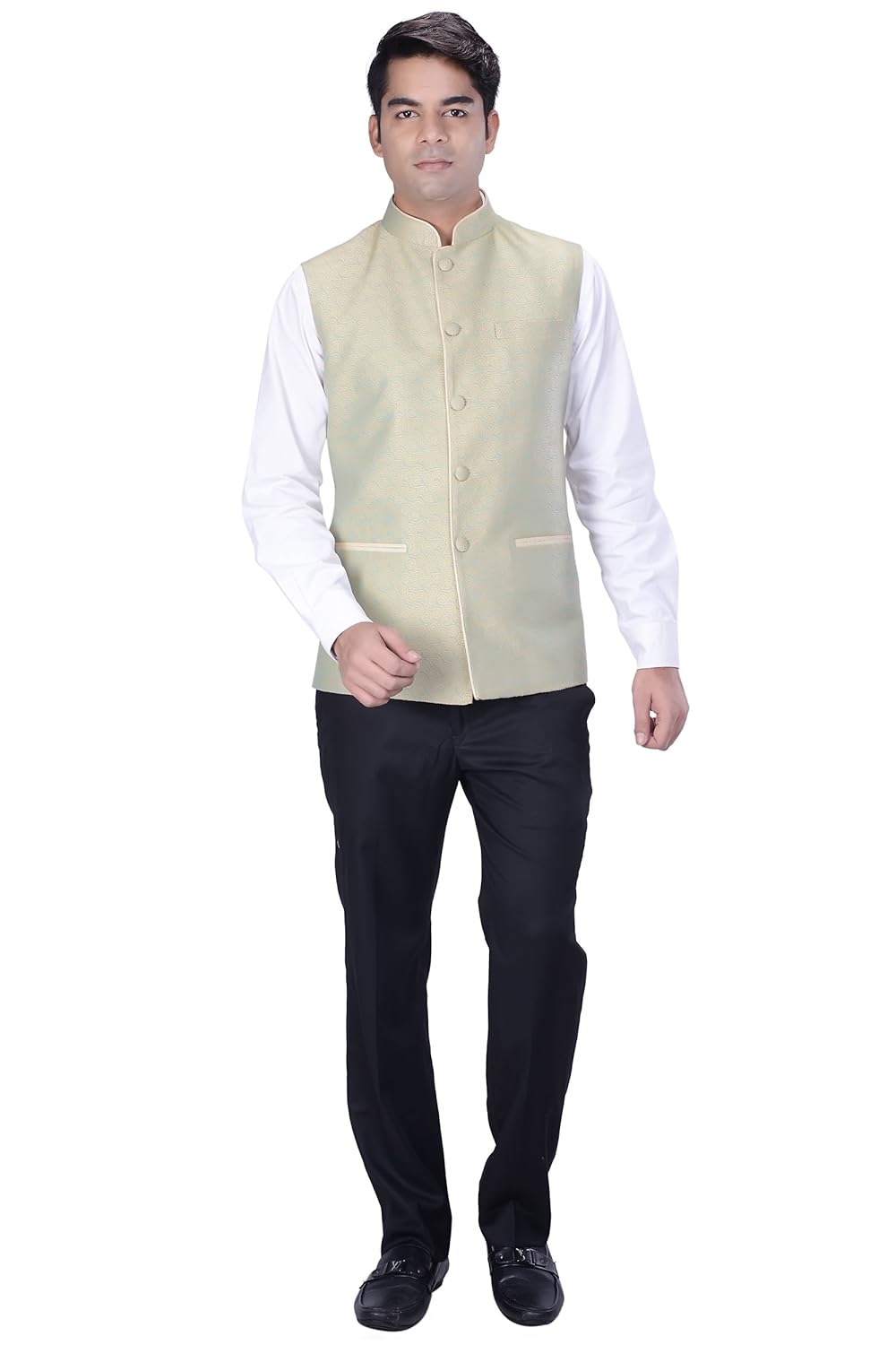 kisah men's woven cotton silk green nehru jacket