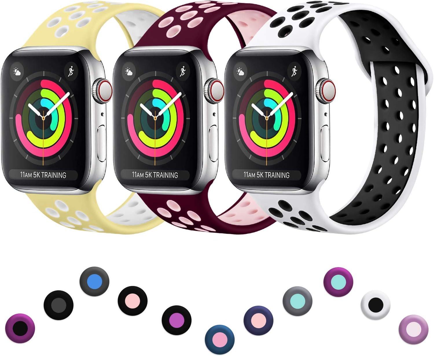 ilopee Compatible with Apple Watch Band 42mm 44mm, Premium Silicone Bracelet for iWatch Series 5 4 3 2 1, White/Black, Light Yellow/White, Wine/Pink, M/L