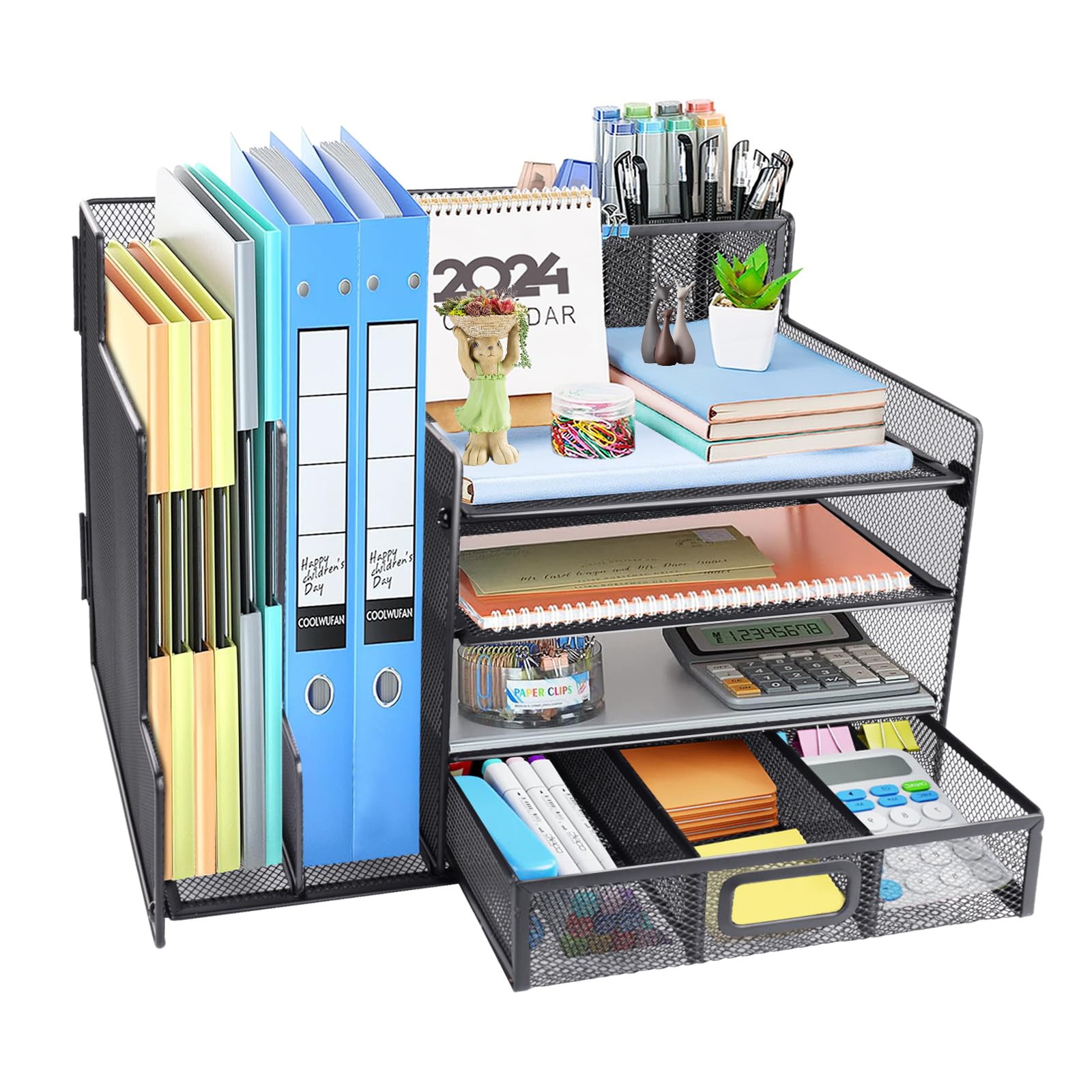 HMXLJJY Desk Organizer with Mesh File Holder, 4-Tier Office Supplies Desk Organizers and Accessories with Sliding Drawers & Pen Holder, Desk File Organizer and Storage for Office, School, Home, Black