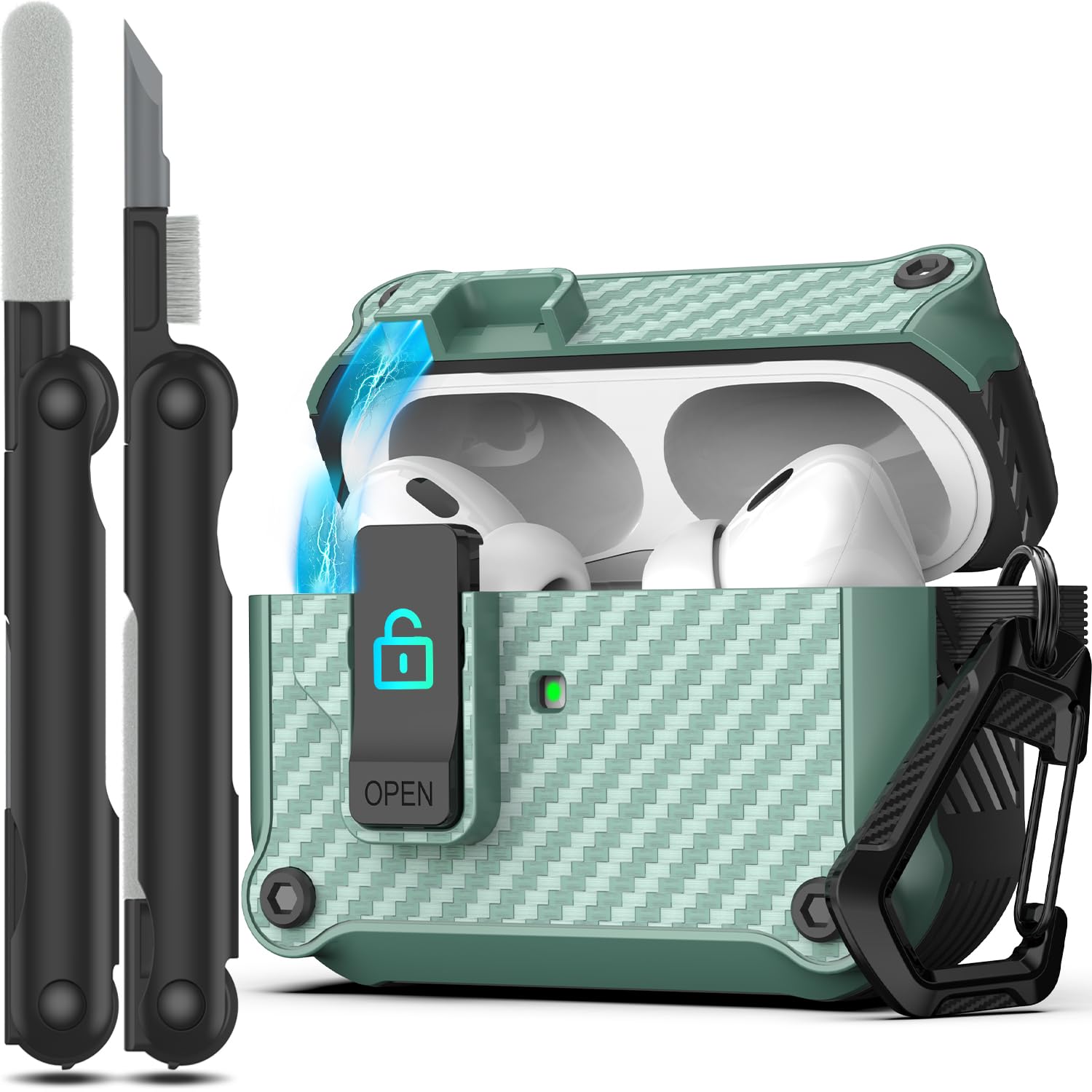 Photo 1 of RFUNGUANGO for AirPods Pro 2nd /1st Generation Case Cover, Automatic Pop-up Carbon Fiber Case with Secure Lock Clip, Full Body Shockproof Hard Shell Protective Case (2023/2022/2019)-Green