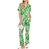 Ekouaer Women's Pajama Sets Ruffle Button Up Pj Sets 2 Piece Short Sleeve Pants Lounge Set with Pockets