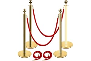 Carivia Gold Stanchion Post,38 Inch Stanchion Posts Queue with 5 ft/1.5 m Red Velvet Rope,Hollow Base and Ropes Safety Barriers Set,Crowd Control Barriers Queue Line Rope for Theater Party