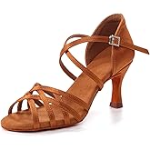 GYUBL Latin Dance Shoes for Women Open Toe Salsa Tango Bachata Professional Ballroom Dancing Shoes 3 Inch Heel Tan US 7