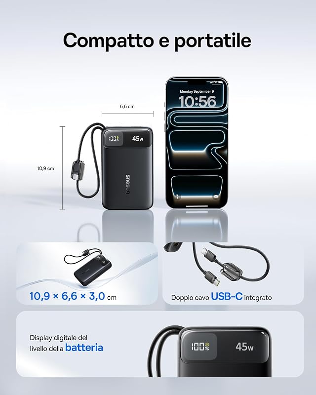 FC11 Powerbank 45W 20000mAh con 2 cavi USB-C Integrati, Mini Power Bank Ricarica Rapida con Certificato CCC, Caricatore Portatile per iPhone 18/17/16 Pro Max, Samsung Galaxy S25/S24, iPad, Nero