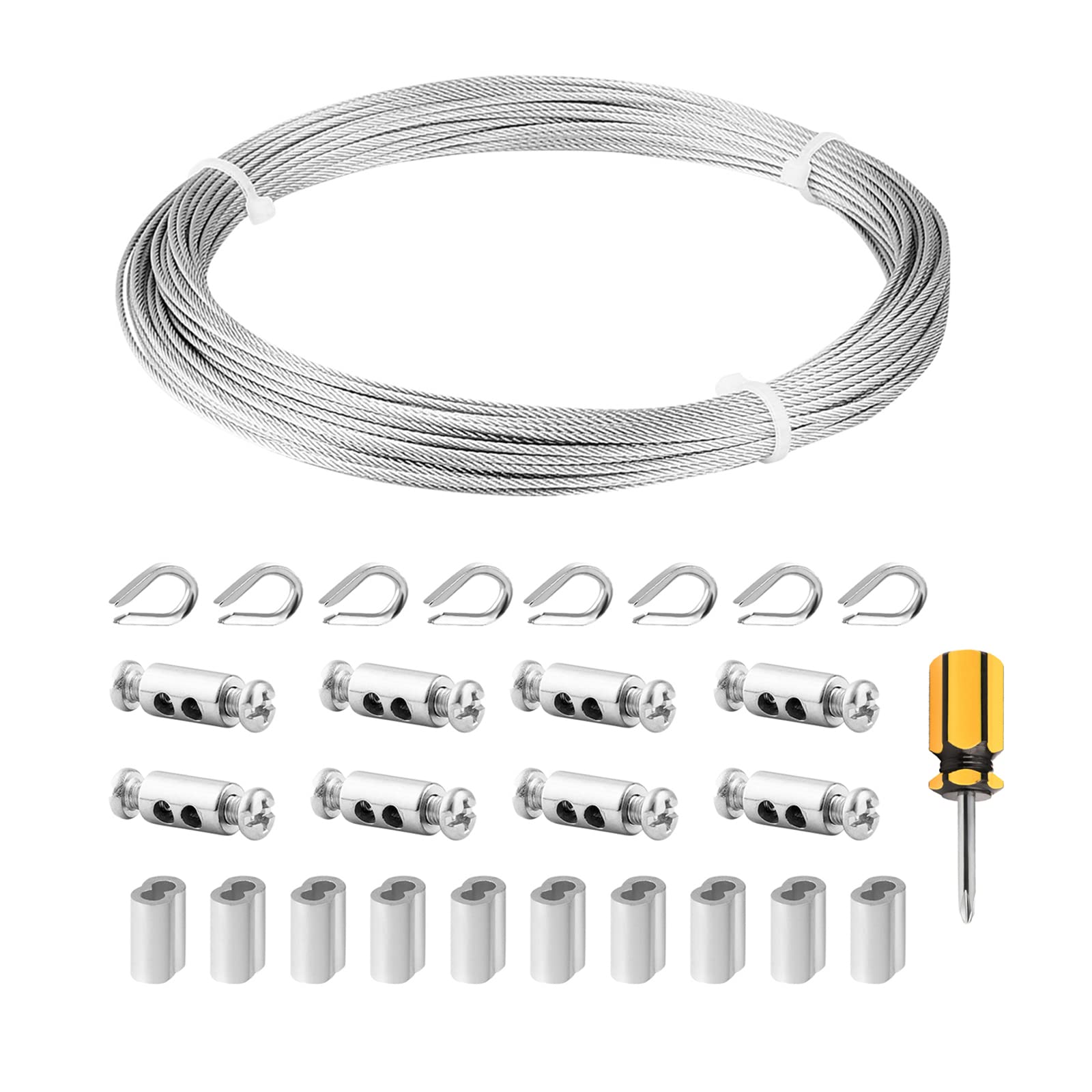 Wire Rope Kit, 20M/1.5mm Stainless Steel Wire Rope Cable, 7x7 Strands Steel Cable with Thimble & Clamps, for Garden/Fence Wire, String Hanging, Curtain Wire, DIY
