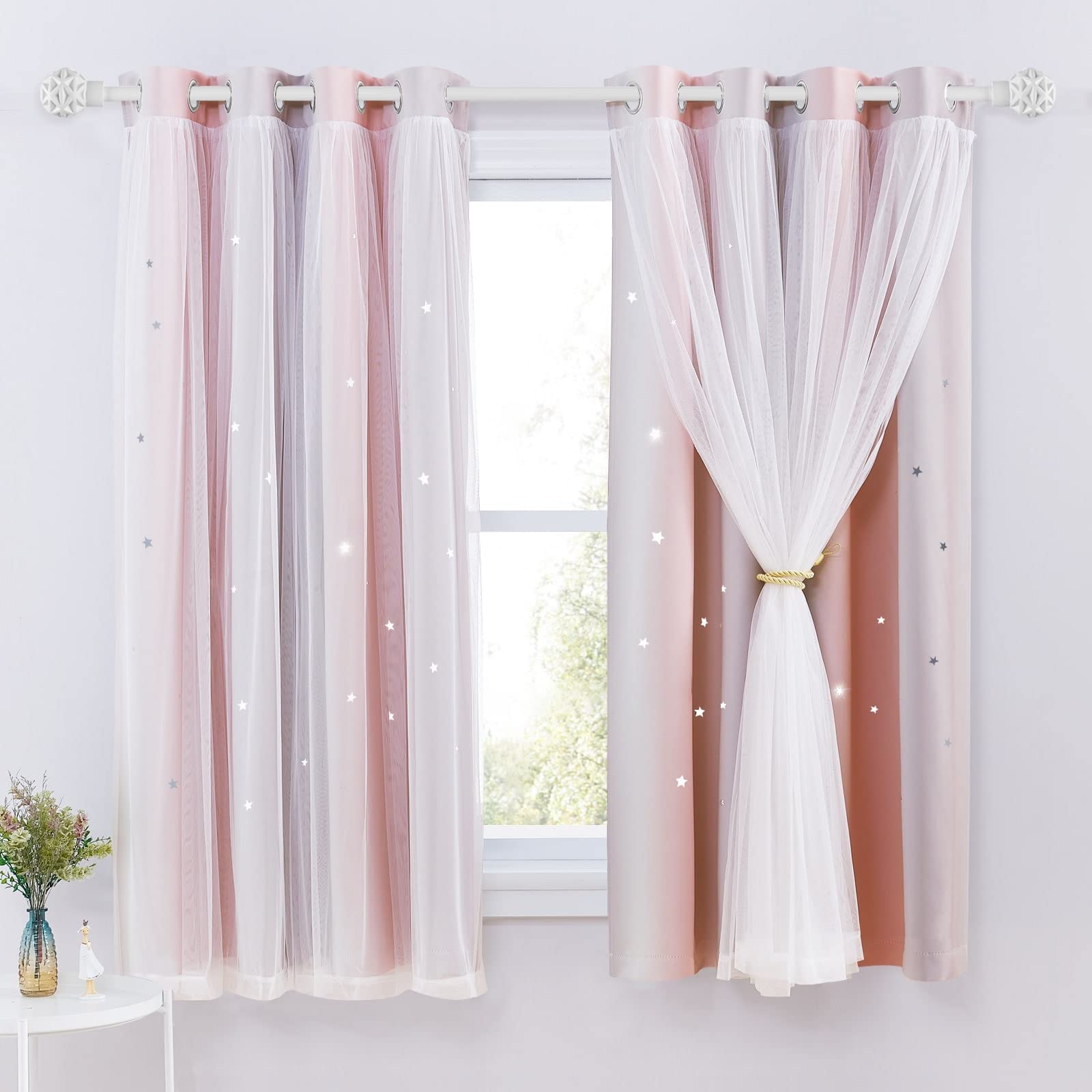 NICETOWN Kids Blackout Curtains Voile - Eyelet Top Thermal Insulated Curtains Light Blocking Filter Window Star Curtain for Kids Girls Nursery Bedroom, Grey Pink, 2 Panels, W52 x L63 Inch (132x160 cm)