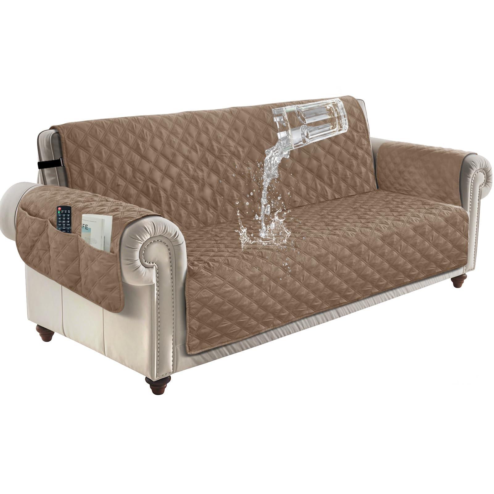 ZenDen Sofa Covers 100% Waterproof Sofa Slipcovers 3 Seater, Non Slip Cover for Kids/Dogs/Pets, Washable Sofa Protector with Elastic Strap, Taupe