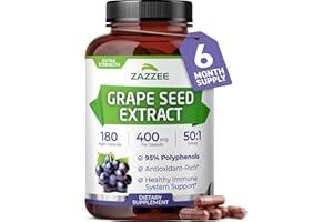 Zazzee High Strength Grape Seed 50:1 Extract, 180 Vegan Capsules, 95% Polyphenols, 400 mg per Capsule, 6 Month Supply, Standardized and Concentrated 50X Extract, Non-GMO, Made in The USA