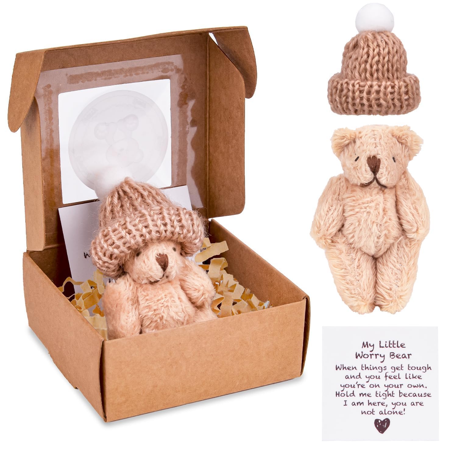 Pipihome Worry Bear in a Box, Little Pocket Hug Bear with Inspirational Card, Mini Plush Teddy Bears Worry Dolls, Emotional Support Gift for Kids Friends