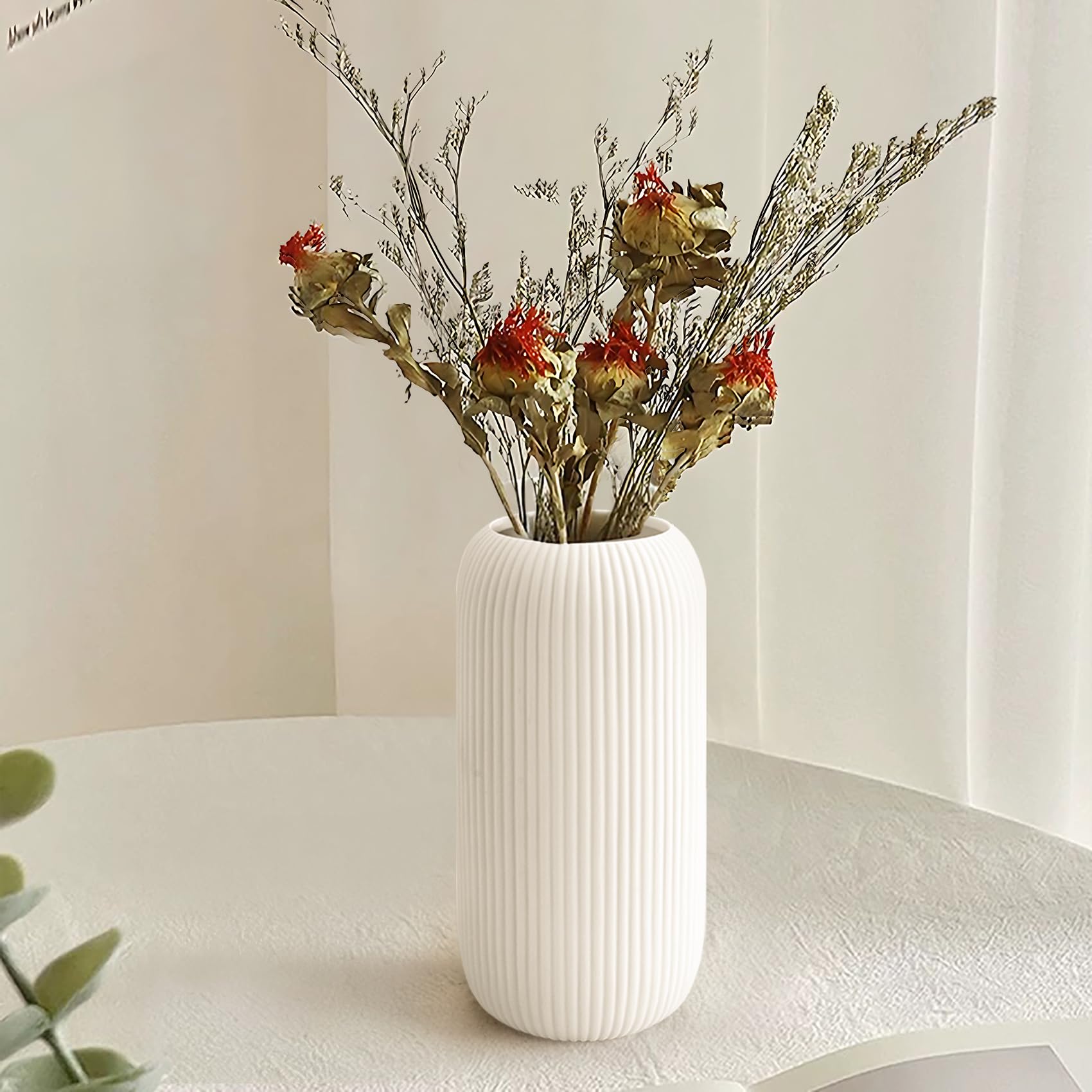 White Ceramic Vase for Flowers, 8 INCH Flower Vase Modern White Vase Home Decor, Small Vase, Ribbed Textured Vase for Pampas Grass Decorative Vase, for Farmhouse Coffee Table Bookshelf Home Living - Image 2