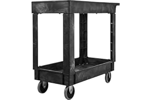 Rubbermaid Commercial Products 2-Shelf Service/Utility Cart with Wheels, 300-Pound Capacity, Black, Lipped Shelves with Handle, Use in School/Restaurant/Warehouse/Manufacturing
