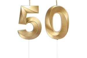 PYRISUU Number 50 Candle, Gold 3D Numeral Candles for 50th Birthday Cake Topper - Wedding Anniversary Party Decoration Supplies