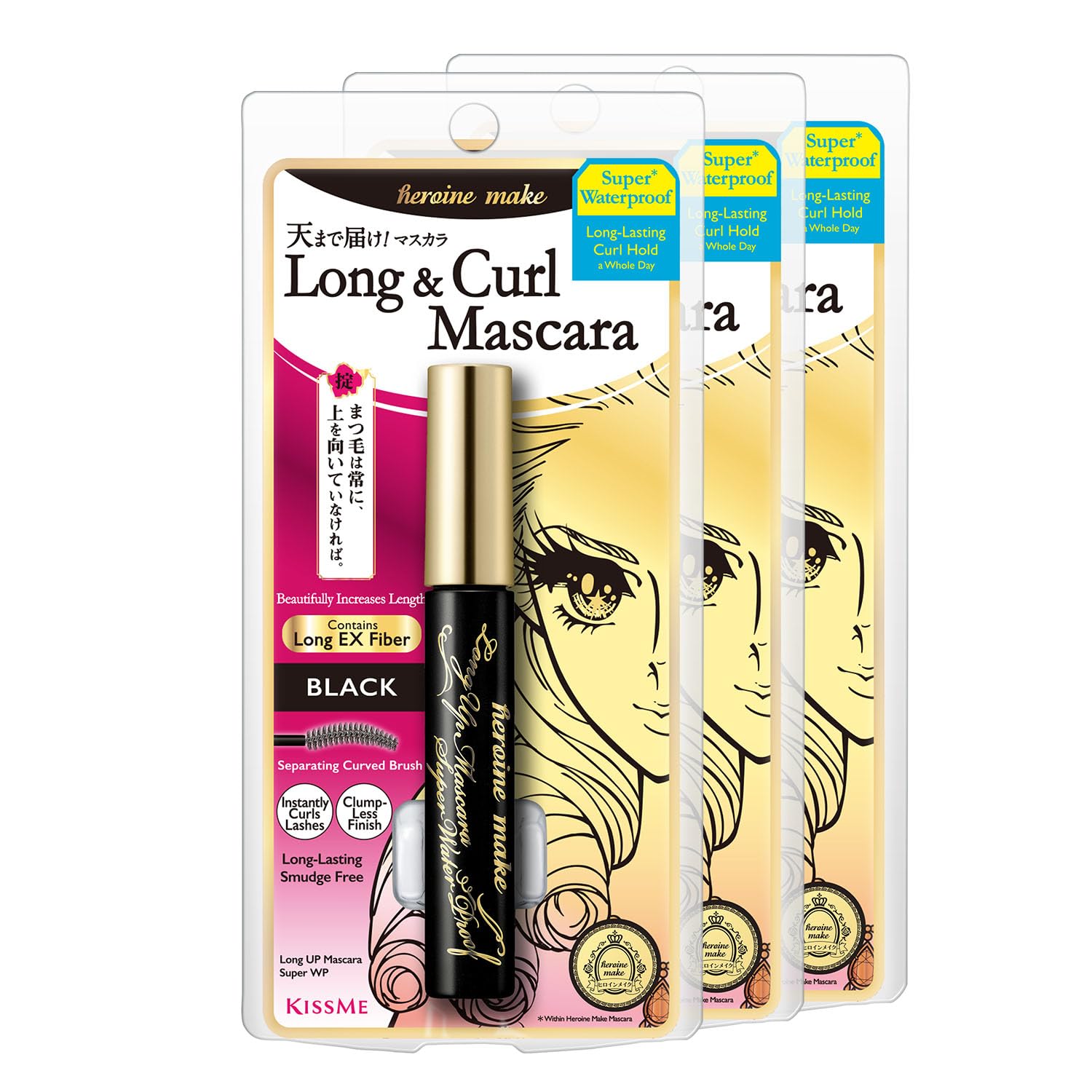 HEROINE MAKE by KISSME Smudge Proof Mascara Black, Volume and Length by Defining Fiber for Long and Curl Eye Makeup for Women, Tubing Mascara Made in Japan, Black, 3 EA Image