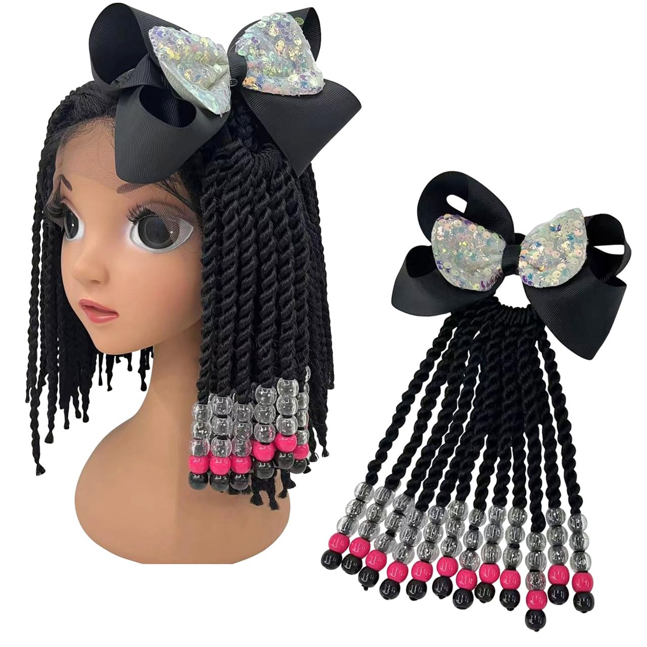 Photo 1 of Kids Ponytail Hair Extension Braid Girls Braided Ponytail Hair Extension Clip On Go For Girls Beads,Black Hair Band & Bow Included,Detachable and Reusable (black)