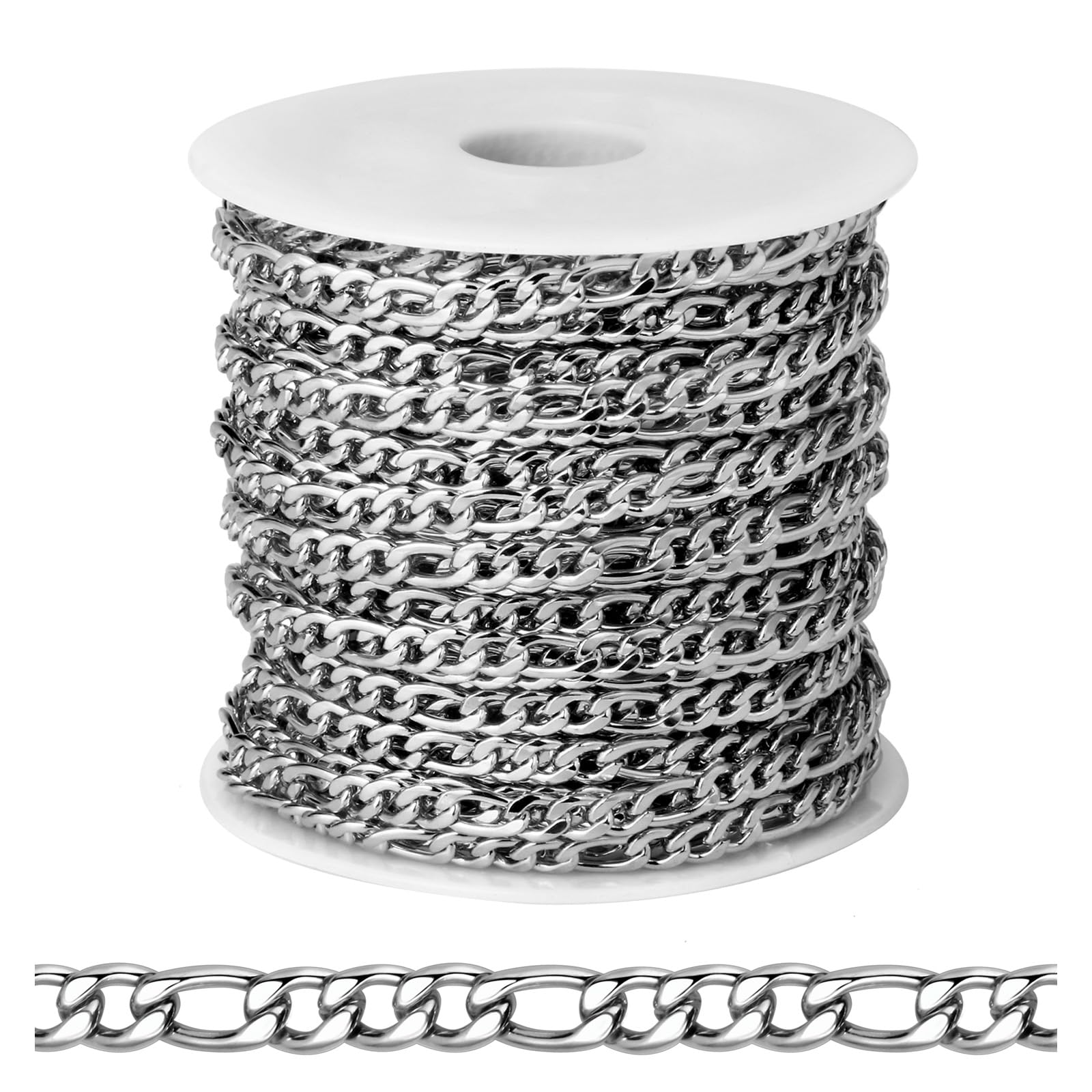 Photo 1 of [33ft] Silver Figaro Chain for Jewelry Making, 3.5mm Wide 304 Stainless Steel Figaro Link Chain Roll Bulk for DIY Jewelry Making Craft