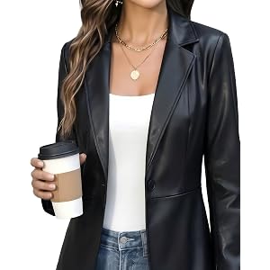 Ommiivex Women Leather Jacket Faux Slim Fit Ruched Sleeve Blazers for Casual Business Interview Semi Formal Work Outfit