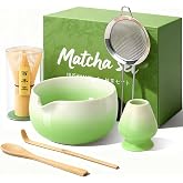 HUSHHAVN Matcha Whisk Set with Ceramic Bowl &amp; Bamboo Chasen | Includes Whisk Holder, Scoop, Spoon, Sifter and Quick-Start Guide for Easy Matcha Preparation at Home