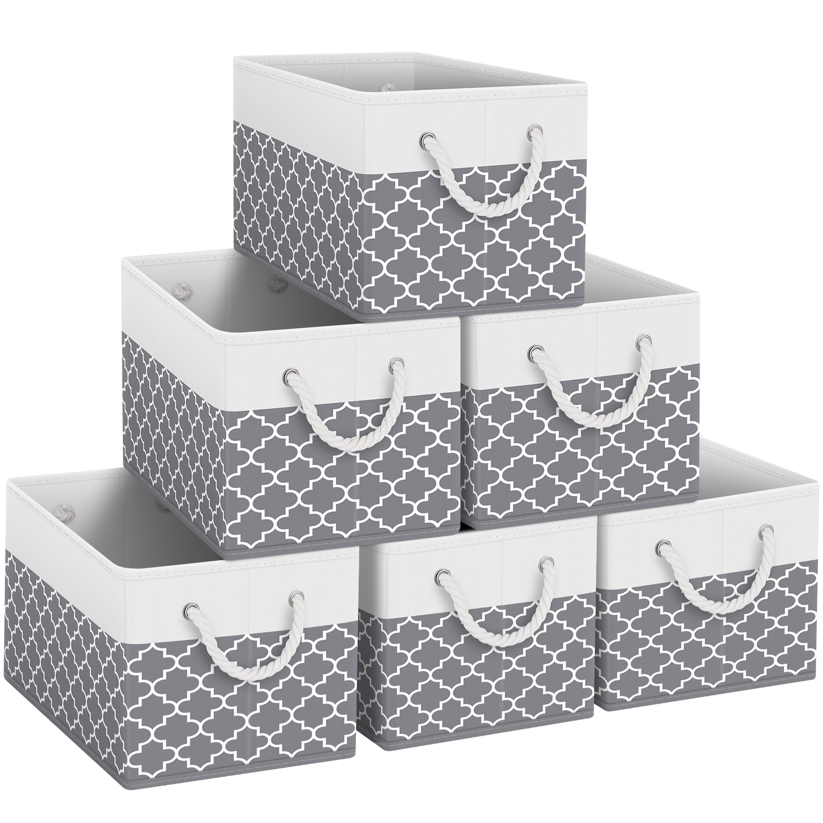 Fab totes Storage Bins [6-Pack], Foldable Storage Baskets for Organizing Toys, Books, Shelves, Closet, Large Storage Box with Rope Handles, Sturdy Organizer Bins,Clover Grey Image