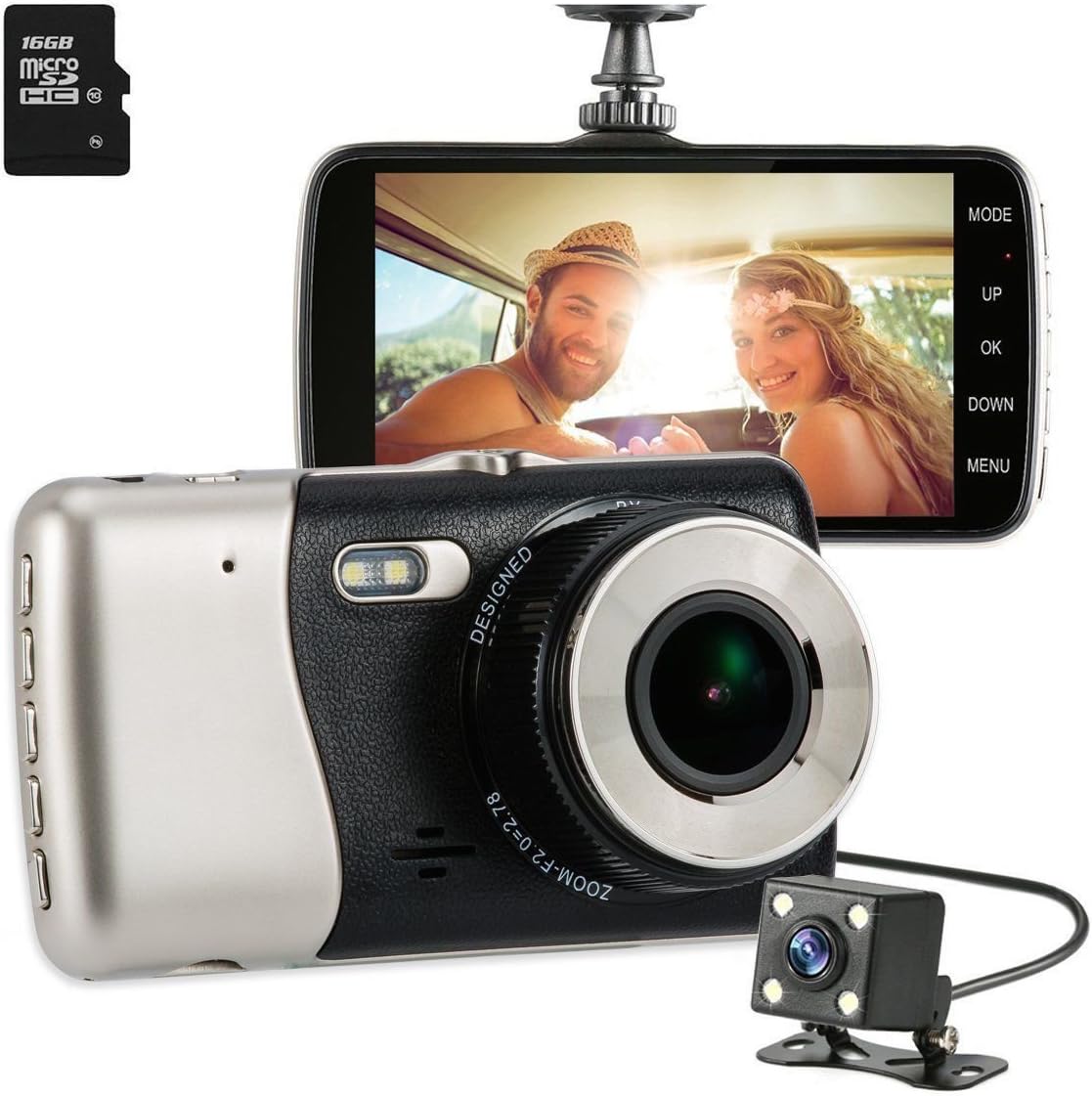 Full HD 1080P Car Dash Cam Dual Lens Built in G-Sensor Motion Detection Driving Video Recorder Night Vision DVR CAR Rear View Camera 16GB Micro SD Card Included