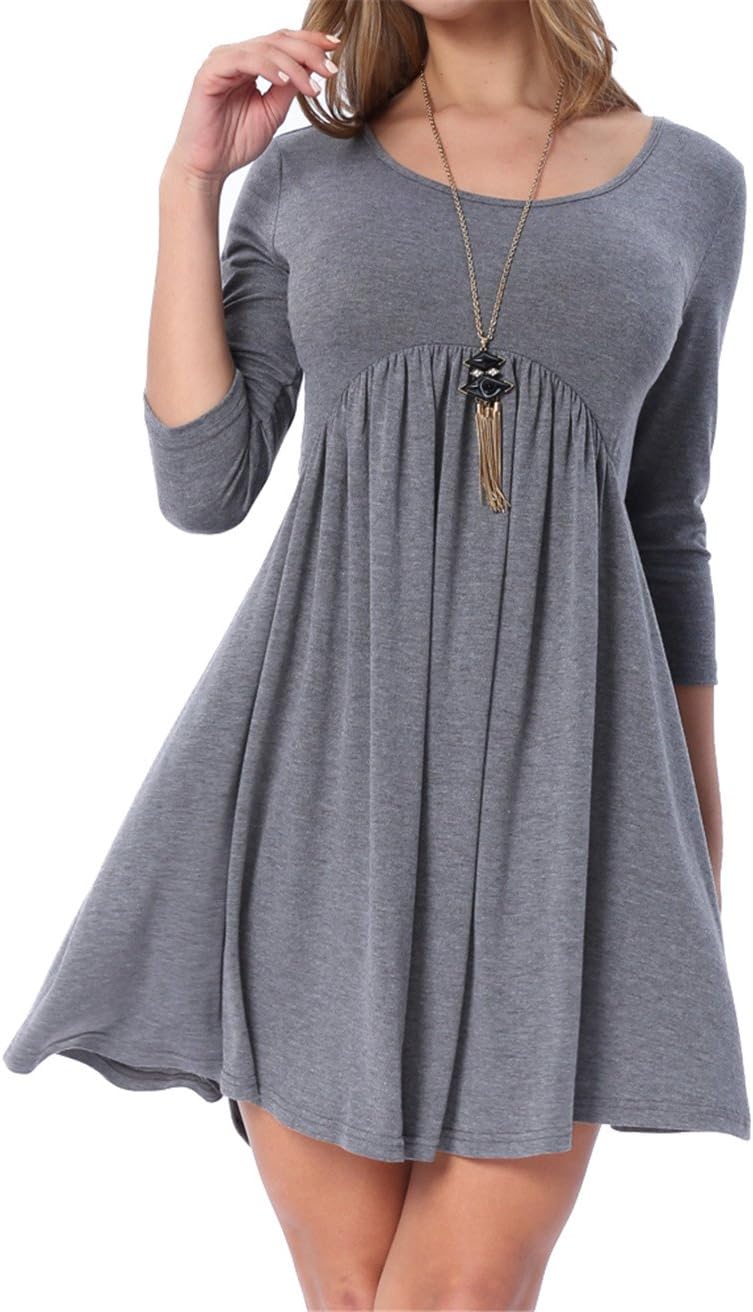 LAINAB Womens Summer 3/4 Sleeve Scoop Neck Pleated Loose Casual Swing Dress