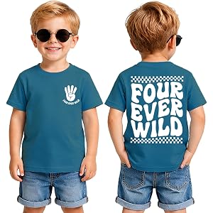 BOUTIKOME Four Ever Wild 4th Birthday Boy Shirt 4 Year Old Toddler Boys Birthday Outfits Kids Fourth B-Day Party Gift Tee Top