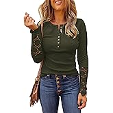 Limerose Women's Long Sleeve Lace Trim Tunic Tops Button Down Casual Blouse Cute Crew Neck Ribbed Shirt