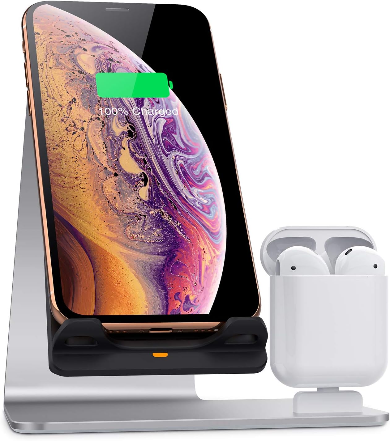 Bestand Wireless Charger Stand, Fast Wireless Charger Dock Compatible with Airpods/iPhone X/Xs/Xs Max/XR/8 Plus/ 8/Samsung Galaxy S10/S9/S9+, Silver