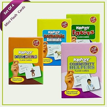 Combo Mini Set of 4Krazy Flash Cards (Numbers+Domestic Animals+Fruits+ Community Helpers)