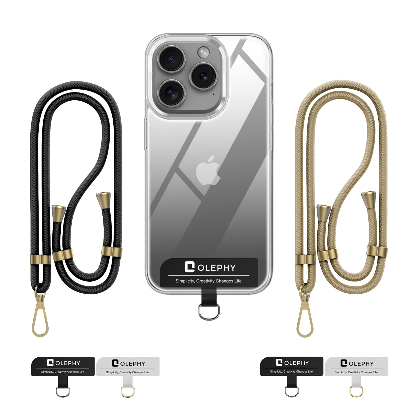 OLEPHY Crossbody Phone Lanyard Strap - 2 Packs with 4 Pack Patchs, Adjustable Universal Nylon Neck Strap Compatible with Most Smartphones, Black+Golden — image 1
