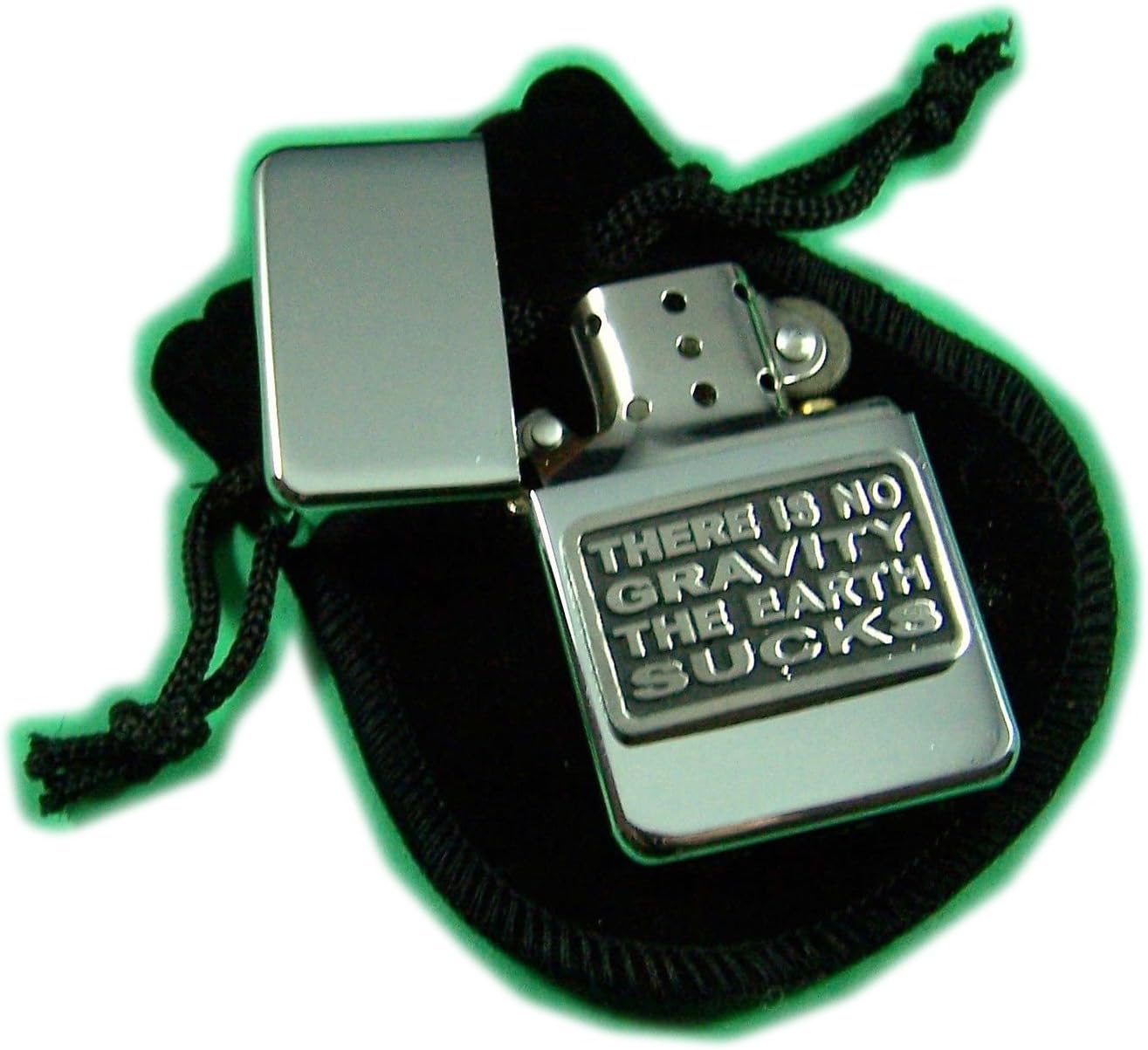 Stoneys Badges THERE IS NO GRAVITY Petrol Lighter in Pouch Rude Slogan Funny