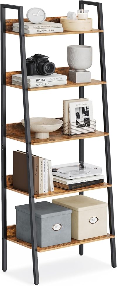 VASAGLE 4-Tier Ladder Shelf Narrow Bookshelf Brown and Ink Black LLS054X01