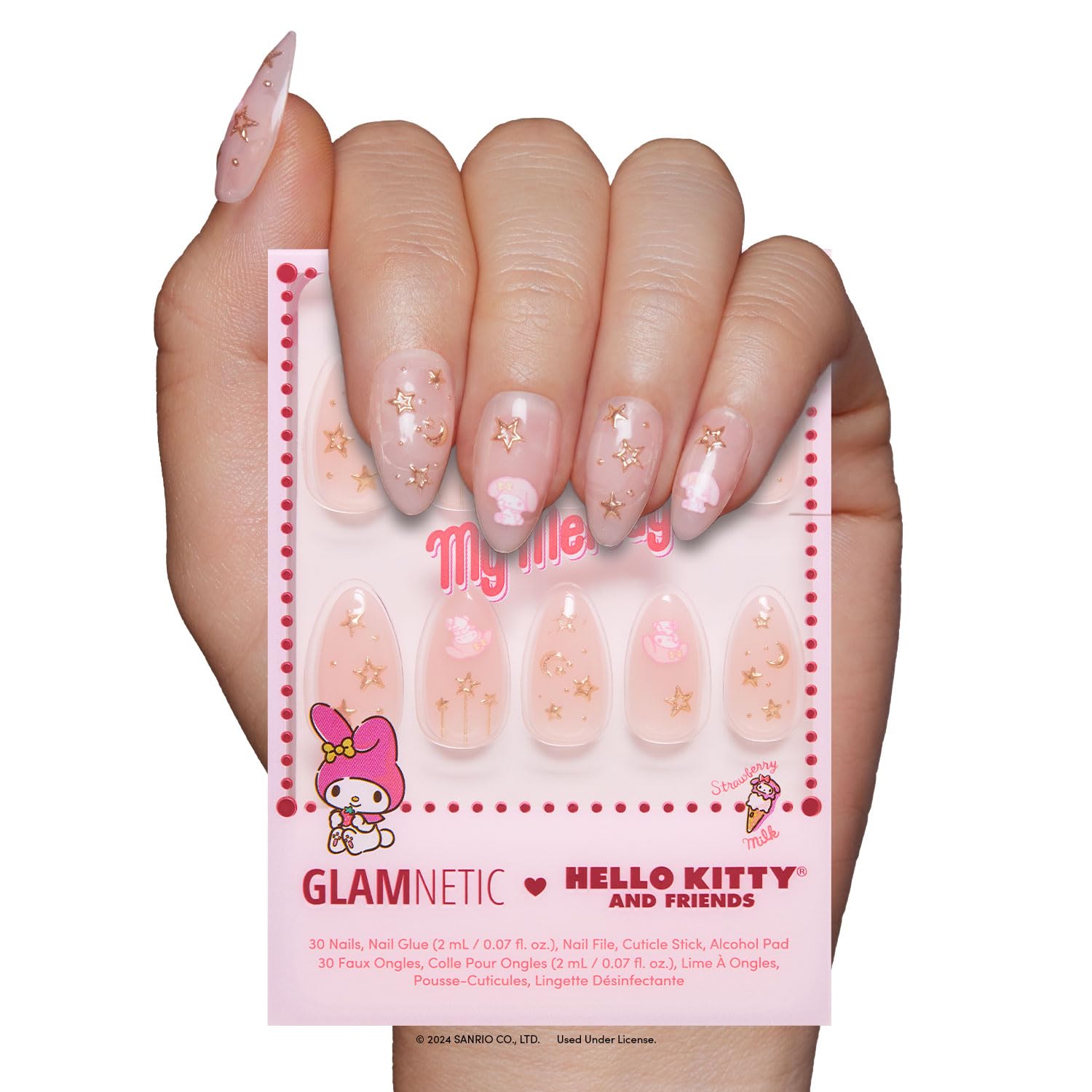 Photo 1 of Glamnetic x Hello Kitty® and Friends Press On Nails - My Melody™ | Short Almond Gold Foil 3D Graphic Fake Nails in a Glossy Finish | 15 Sizes - 30 Nail Kit with Glue