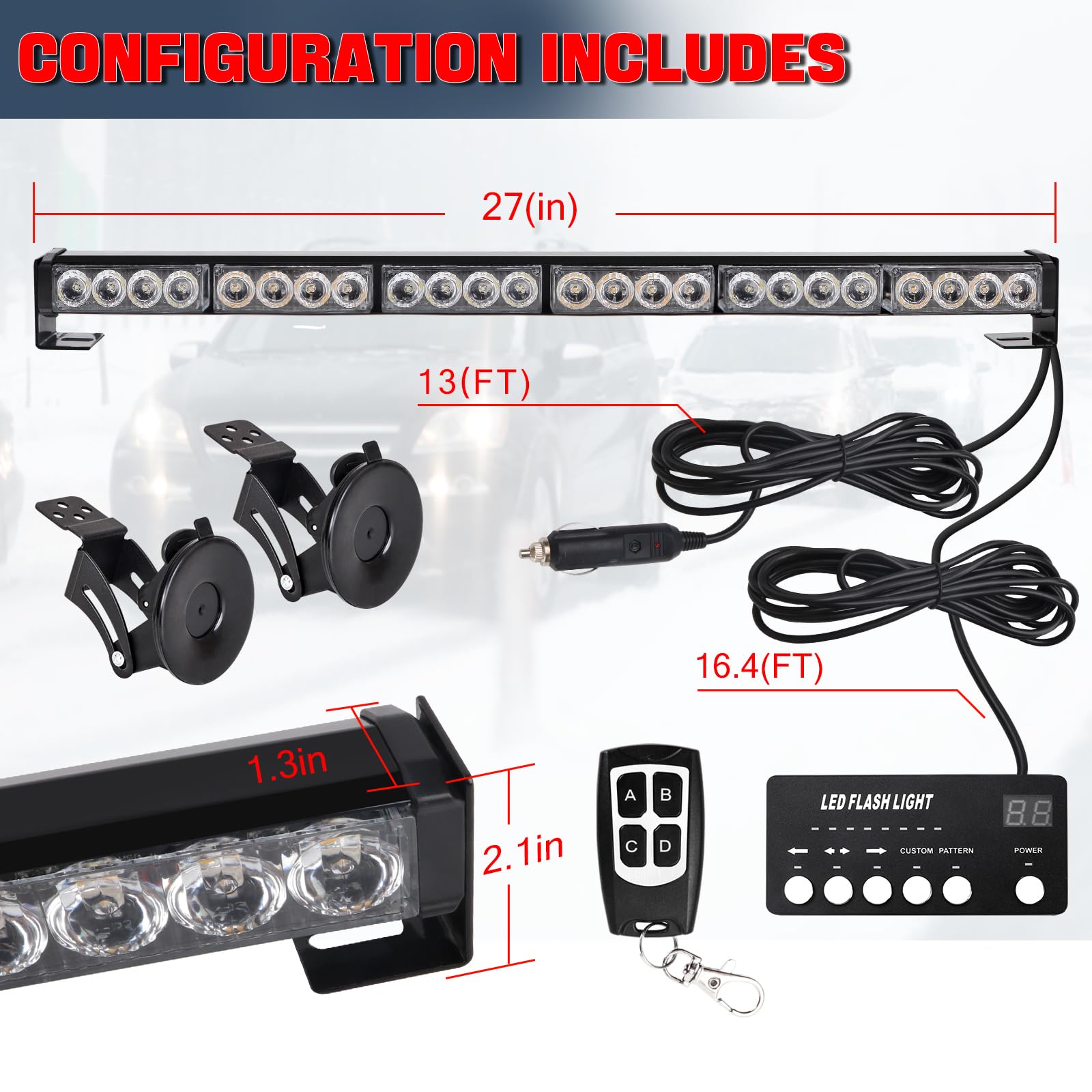 TeddyTT Emergency Strobe Firefighter Lights Bar Directional Traffic Advisor Warning Strobe Flash Emergency Fire Lights for Firefighters Vehicle Visor Lights 27 Inch 6Panel Led Remote Control White Red